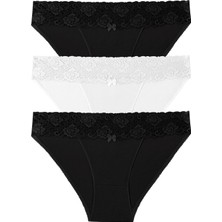 Suwen 3'lü Pamuklu Dantelli Normal Bel Slip Külot %95 Pamuk - %5 Elastan ile Konforlu Kullanım