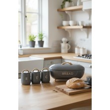 Akayev Retro Bambu Metal Ekmek Kutusu ve 3'lü Saklama Kabı Gray