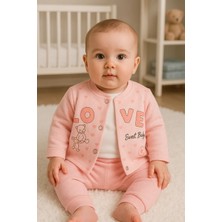 Herşey Trend Herşeytrend Love Tavşan Desenli Kol Detaylı 3'lü Hırkalı Kız Bebek Takım