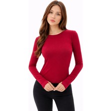 Vesantia Kadın Bordo Parmak Geçmeli Uzun Kollu Bisiklet Yaka Likralı Bluz