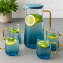 Leylart Borosilikat Cam Gold Saplı Sürahi 1300 ml 4 Bardaklı  Mavi