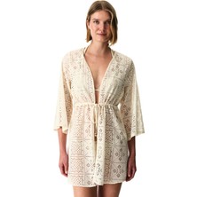 Penti Ekru Jasmine Etnik Desenli Dantelli Uzun Kollu Kimono