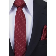 Esgue Hand Made 6 cm Slim Çizgili Desen Bordo Beyaz Renk Mendilli Ince Kravat
