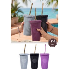 Flora 3 Adet Pipetli Kapaklı Opak Bardak 660 Ml, Smoothie Meşrubat Içecek Bardağı Mor-Gri-Siyah 3’lü Set