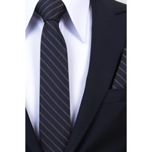 Esgue Hand Made 6 cm Slim Çizgili Desen Lacivert Kahve Renk Mendilli Ince Kravat