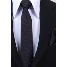 Esgue Hand Made 6 cm Slim Desenli Siyah Mor Renk Mendilli Ince Kravat
