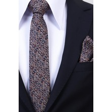 Esgue Hand Made 6 cm Slim Desenli Lacivert Kiremit Renk Mendilli Ince Kravat