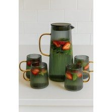 Leylart Borosilikat Cam Gold Saplı Sürahi 1300 ml 4 Bardaklı