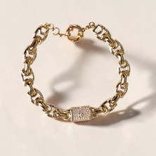 Nur Silver Kilit Detaylı Taşlı Gold Çelik Bileklik - NUR-BL92494
