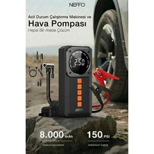 Neffo Akü Takviye + Hava Kompresörü 2’si 1 Arada – 8000 Mah Güçlü Jump Starter & 150 Psı Dijital Lastik Şişirme Cihazı