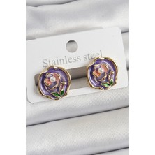 Mercansa Pirinç Mor Mineli Çiçek Figürlü Sanatsal Portre Model Gold Renk Kadın Küpe