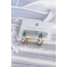 Mercansa Pirinç Gold Renk Mavi Çiçek Işleme Detay Kadın Küpe