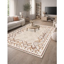 Lioara Home Krem Retro Modern Baskılı Halı – Modern, Kaymaz Taban, Salon & Oturma Odası Için Halı