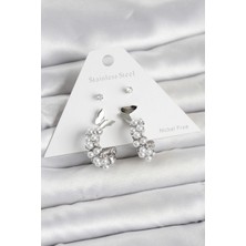 Mercansa Pirinç Gümüş Renk Kelebek Detaylı Kadın Küpe Seti