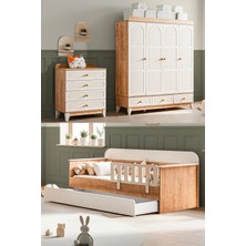 Setay Tetri Meşe Çocuk Odası, Tetri Meşe 4 Kapaklı Dolap, Şifonyer, Vizyon Meşe Yavrulu Karyola