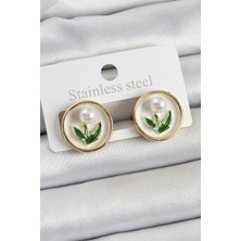 Youday Accessories Pirinç Beyaz Mineli Lale Figürlü Sanatsal Portre Model Gold Renk Kadın Küpe