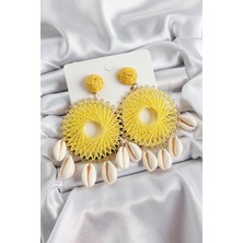 Youday Accessories Sarı Hasır Örgü Sarmal Model Sallantılı Deniz Kabuğu Detaylı Gold Renk Kadın Küpe