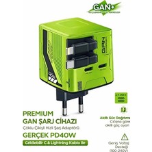Eco Port Gan+ Pd 40W Hızlı Şarj Adaptörü Çoklu Çıkış Usb-C Lightning Kablolu Hızlı Şarj Cihazı Ev Ofis Uyumlu Yeşil