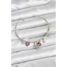 Youday Accessories Gül Charmlı Gümüş Renk Pirinç Kadın Bileklik