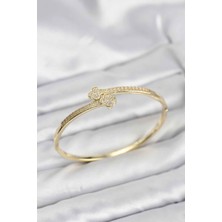 Youday Accessories Pirinç Gold Renk Zirkon Taşlı Yonca Model Kadın Kelepçe Bileklik
