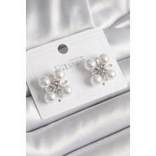 Youday Accessories Pirinç Gümüş Renk Zirkon Taşlı Incili Kadın Küpe