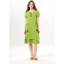 Eliş Şile Bezi Kısa Kol Nil Vual Diz Boyu Çift Cepli Nakışlı Yazlık Elbise Fıstık Yeşili Fysl