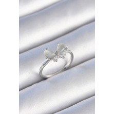Youday Accessories Pirinç Gümüş Renk Zirkon Taşlı Beyaz Mineli Kelebek Model Kadın Yüzük