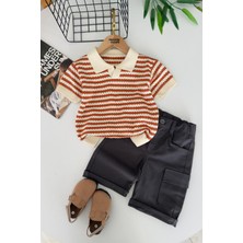 Miniğimin Cicileri Çizgili Triko Polo Yaka Erkek Çocuk Şort Takım - Turuncu