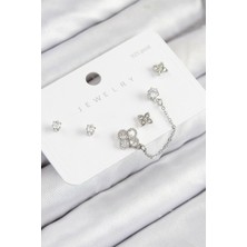 Youday Accessories Pirinç Zirkon Taşlı Yonca Model Gümüş Renk 925 Ayar Gümüş Çivi Kadın Küpe Set