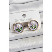 Youday Accessories Pirinç Mor Mineli Lale Figürlü Sanatsal Portre Model Gold Renk Kadın Küpe