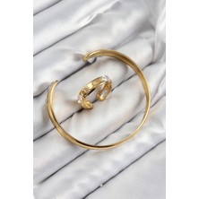 Youday Accessories Pirinç Zirkon Taşlı Ayrık Model Gold Renk Bileklik Yüzük Set