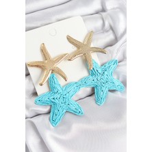 Youday Accessories Pirinç Sallantılı Turkuaz Deniz Yıldızı Model Gold Renk Hasır Küpe