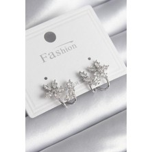 Youday Accessories Pirinç Gümüş Renk Zirkon Taşlı Çiçek Model Kadın Küpe