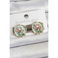 Youday Accessories Pirinç Yeşil Mineli Çiçek Figürlü Sanatsal Portre Model Gold Renk Kadın Küpe