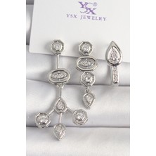 Youday Accessories Pirinç Gümüş Renk Zirkon Taşlı Geometrik Model 3'LÜ Kadın Kombin Küpe