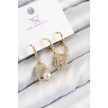 Youday Accessories Pirinç Zirkon Taşlı 3'LÜ Yunus Balığı ve Istiridye Model Gold Renk Kadın Küpe