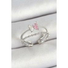 Youday Accessories Pirinç Kelebek Figürlü Zirkon Taşlı Gümüş Renk Ayarlanabilir Kadın Yüzük