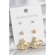 Youday Accessories Pirinç Gold Renk Zirkon Taşlı Inci Detaylı Deniz Kabuğu Model 3 Çift Kadın Küpe Seti