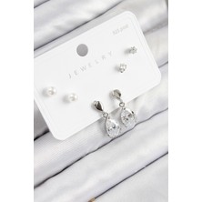 Youday Accessories Pirinç Zirkon Taşlı Sallantılı Damla Model Gümüş Renk 925 Ayar Gümüş Çivi Kadın Küpe Set