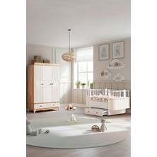 Setay Klas Meşe Çocuk Odası Takımı, Klas Meşe 3 Kapaklı Dolap, Krem Dünya Büyüyen Çekmeceli Beşik