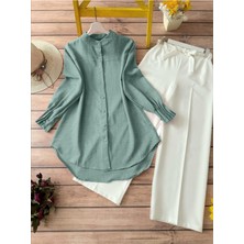 Moda Morfo Kol Manşeti Drapeli Oval Kesim Gömlek    -Mint