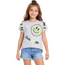 Pançiko Kız Çocuk Smile Yazılı Emojili Desenli Açık Yeşil Renk Kısa Kol Tişört