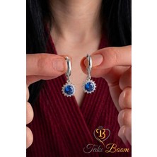 TB Takı Boom Safir Taşlı Kadın Küpe, Mavi Taşlı Küpe, Minimal Gümüş Küpe, Rodyum Kaplama