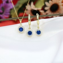 TB Takı Boom Safir Taşlı Takı Seti, Lacivert Taşlı Minimal Kolye Küpe, Sallantılı Küpeler, Gold Kaplama