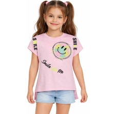 Pançiko Kız Çocuk Smile Yazılı Emojili Desenli Pembe Renk Kısa Kol Tişört