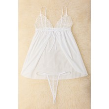 Liora De Mar Kadın Beyaz Dantelli Tül Babydoll Gecelik Takımı Tanga Hediyeli