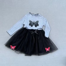 Herşey Trend Herşeytrend 5-6-7 Yaş Taşlı Kelebek Desenli Kurdela Kuşaklı Astarlı Kız Çocuk Tütü Elbise Siyah