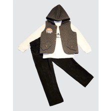 Herşey Trend Herşeytrend 3-4-5 Yaş Fitilli Kadife Pantolon Kapitone Kapşonlu Yelek Uzun Kollu Sweat 3lü Erkek Çocuk Takımı Füme