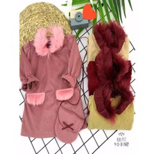 Herşey Trend Herşeytrend 9-12-18-24 Ay Tüylü Yaka ve Cep Kapaklı Çantalı Fitilli Kadife Uzun Kollu 2li Kız Bebek Elbisesi Pembe