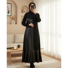 Moda Morfo Deri Detaylı Metal Zincirli Elbise -Siyah